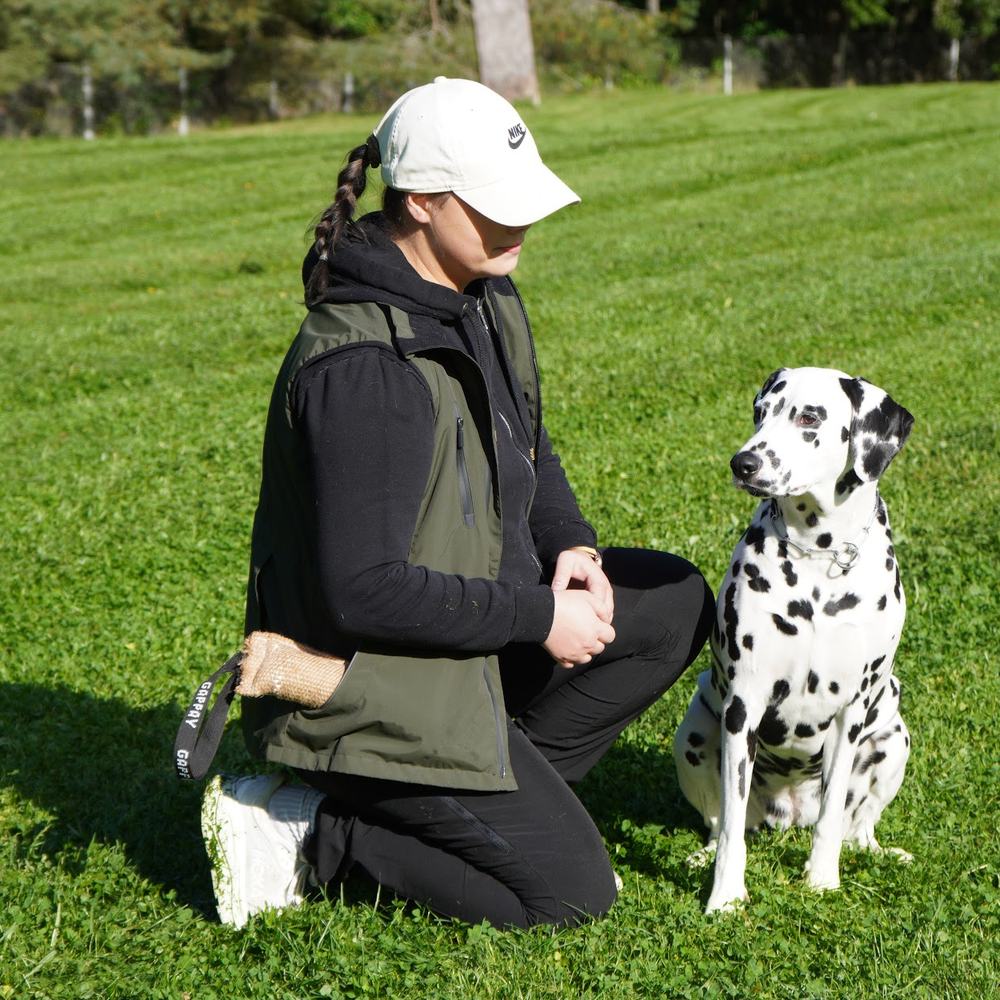 Iida Helin polvistuneena istuvan dalmatiankoiran vieressä nurmikentällä